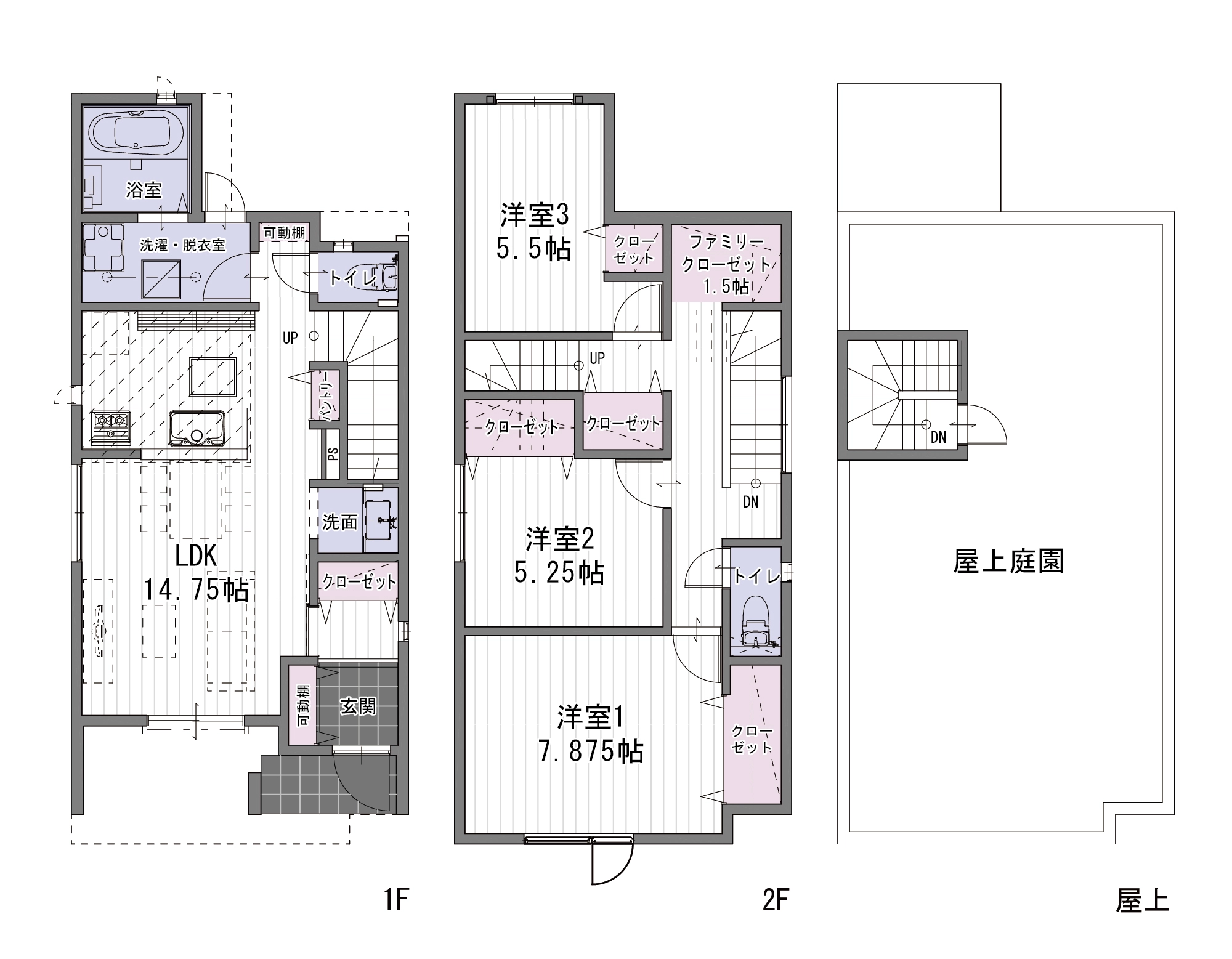 アローラタウン千代田6期モデルハウス 1階・2階・屋上の間取り図