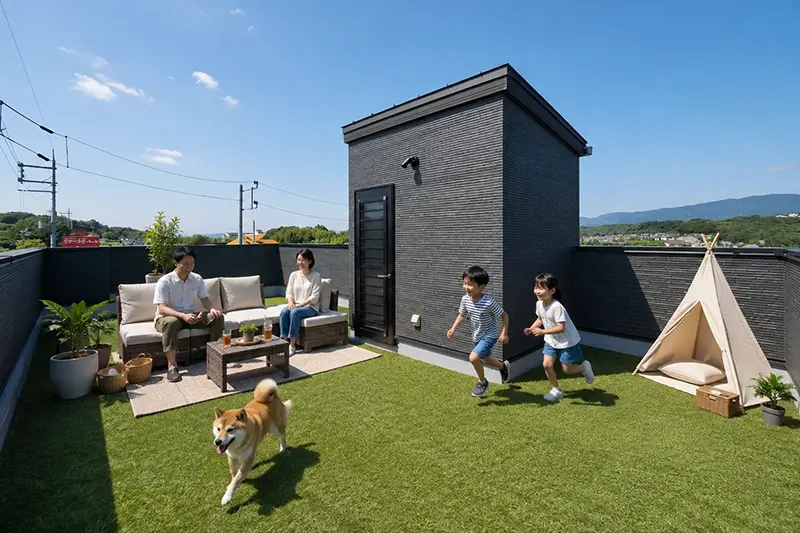 人工芝を敷いた屋上で愛犬と子どもが駆けまわる