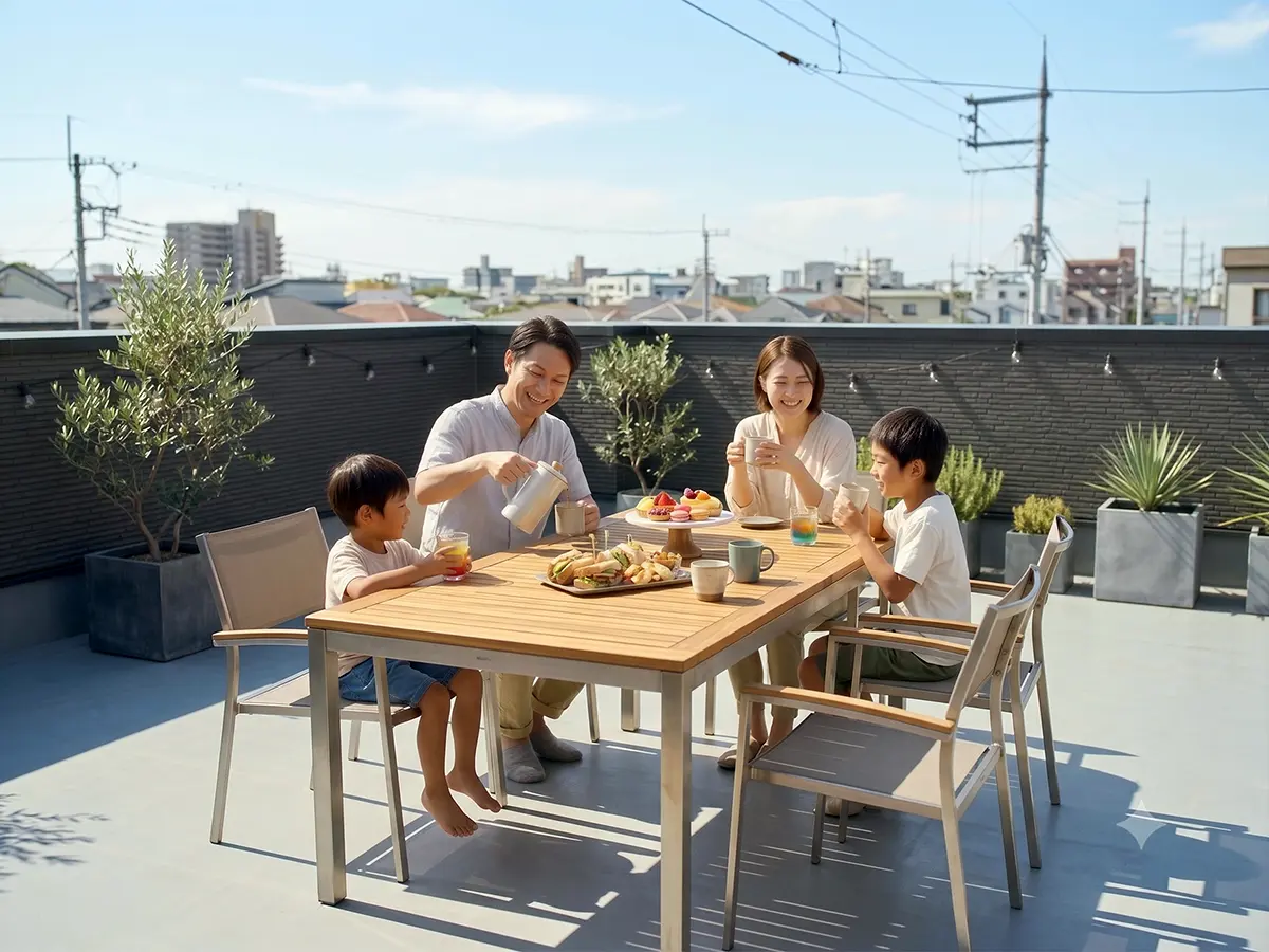 屋上のテーブルで家族みんなで囲むランチタイム