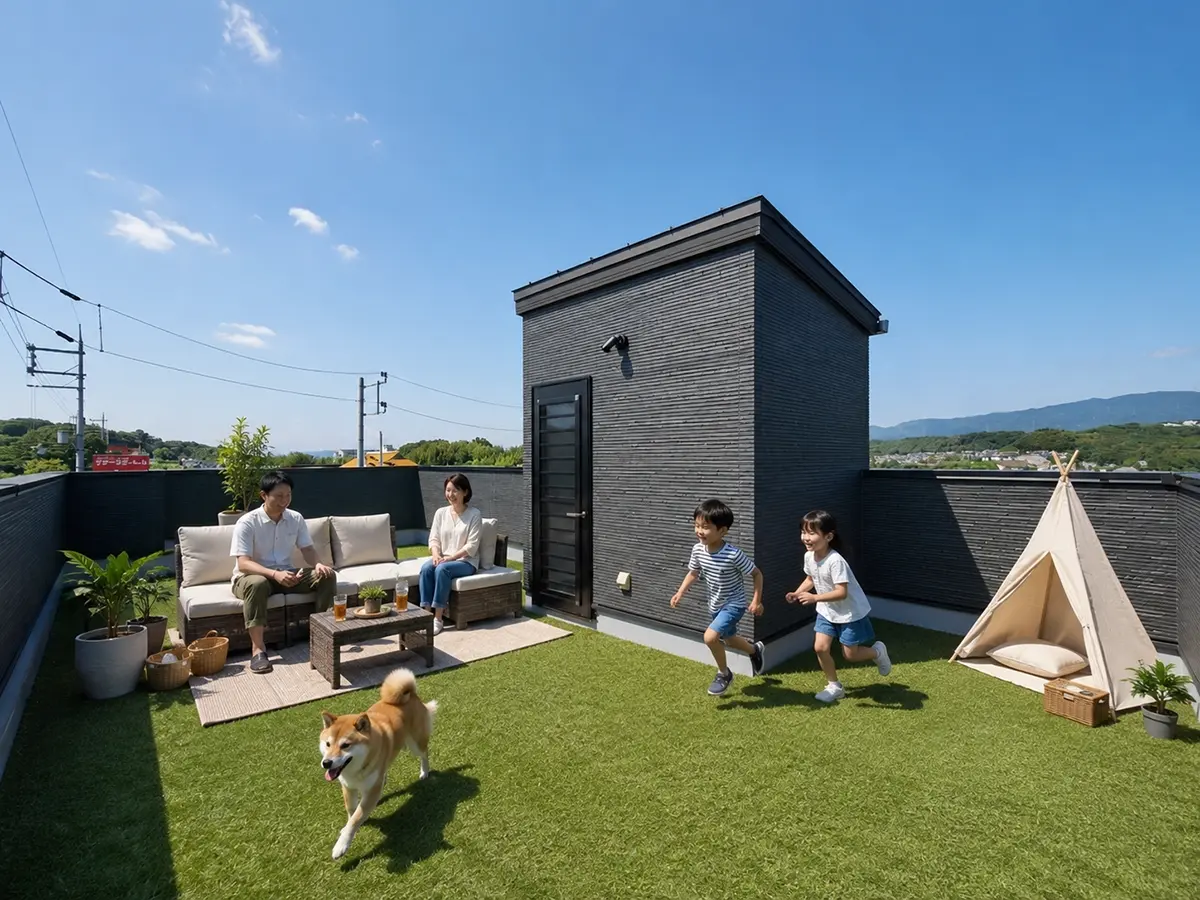 人工芝を敷いた屋上で愛犬と子どもが駆けまわる