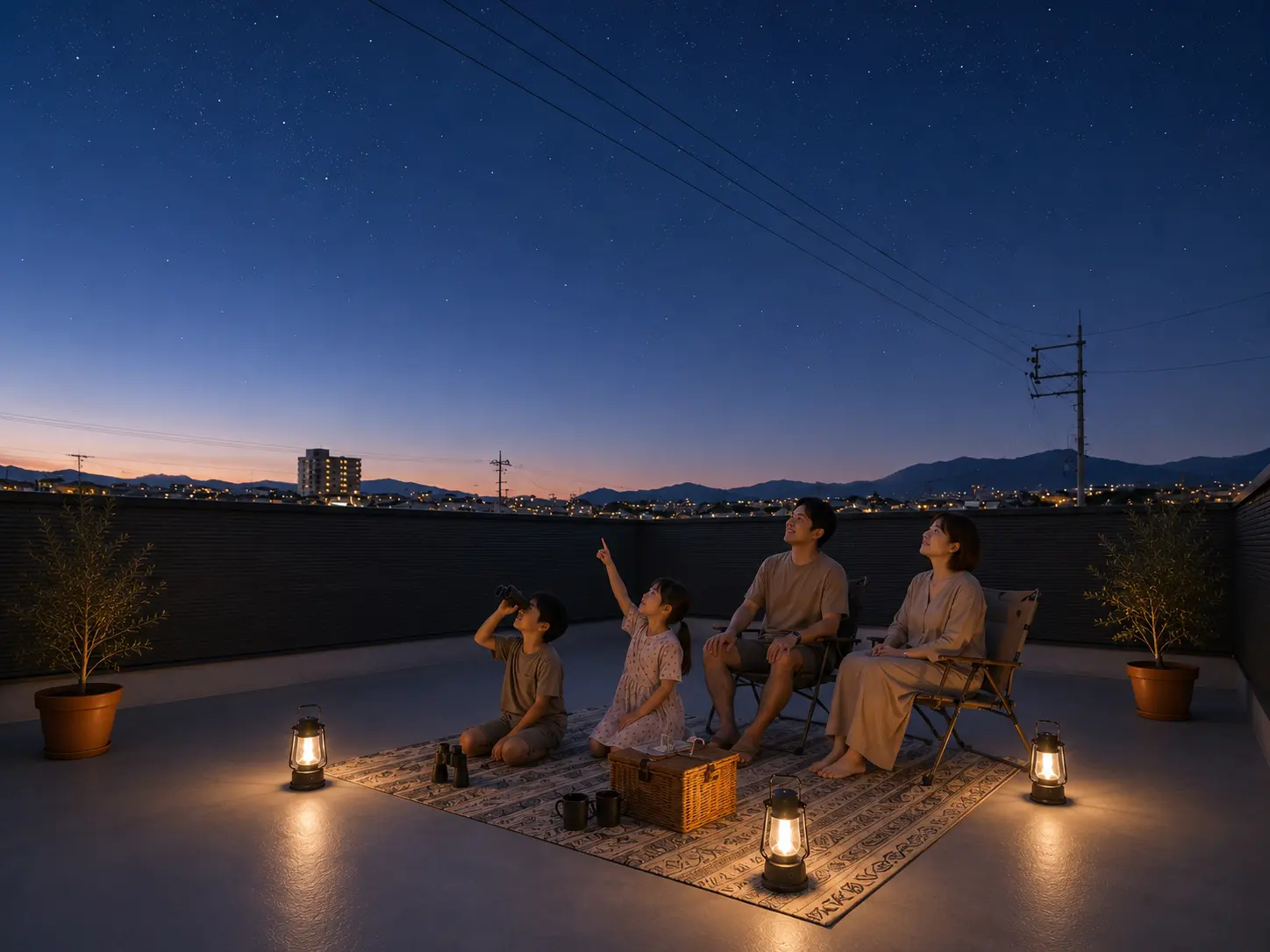 ランタンを灯した屋上で家族そろって星空を見上げる夜
