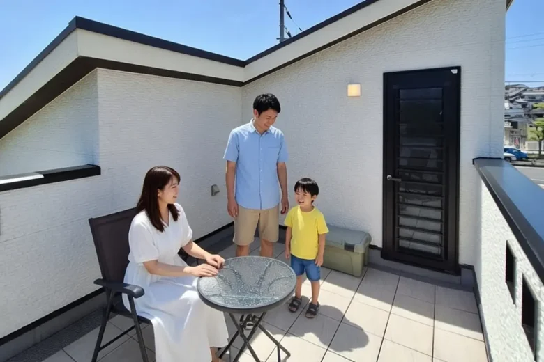 スカイテラスでくつろぐ家族3人