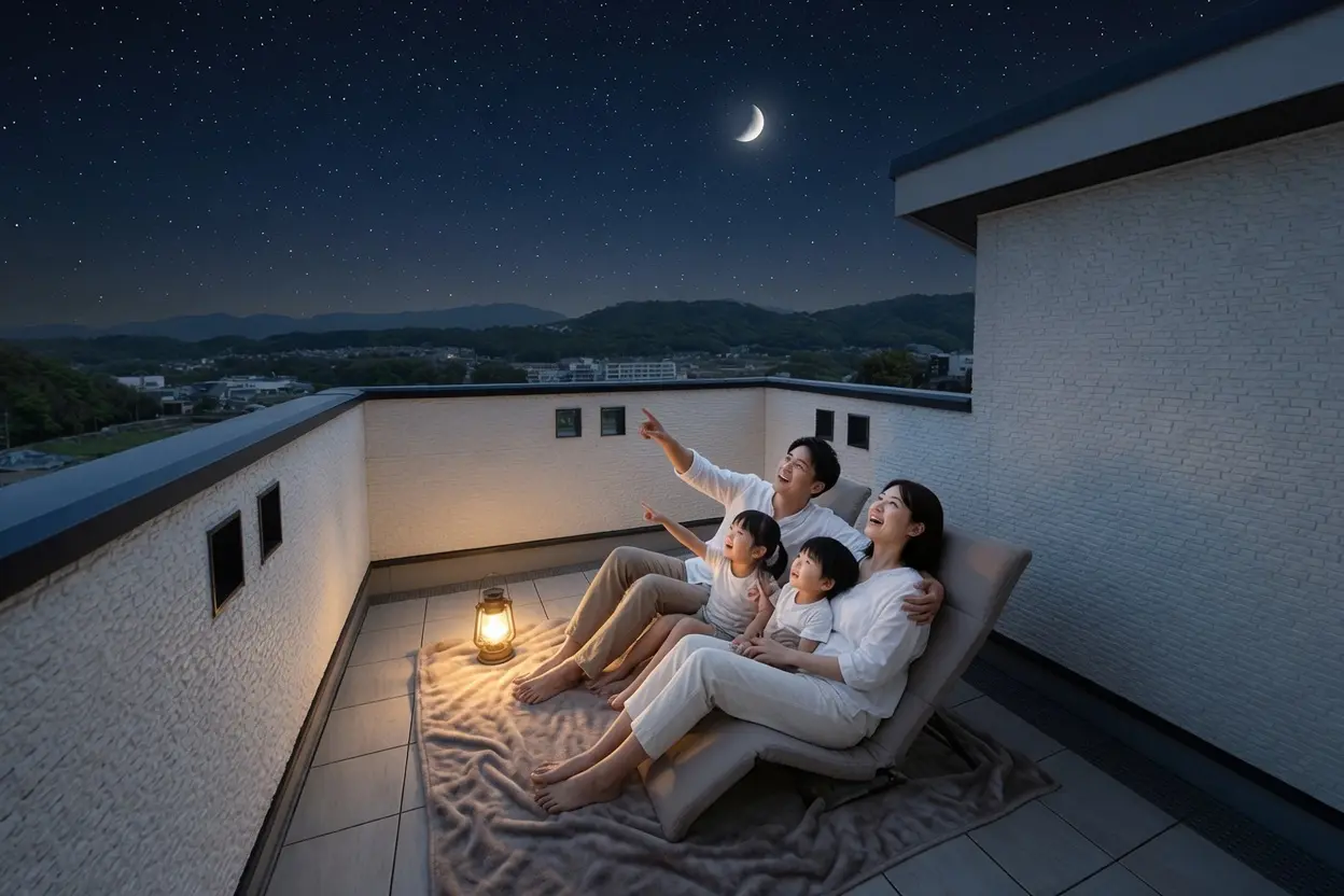 スカイテラスで星空観察を楽しむ家族