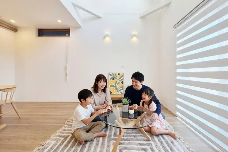 吹き抜けのあるリビングで遊ぶ家族