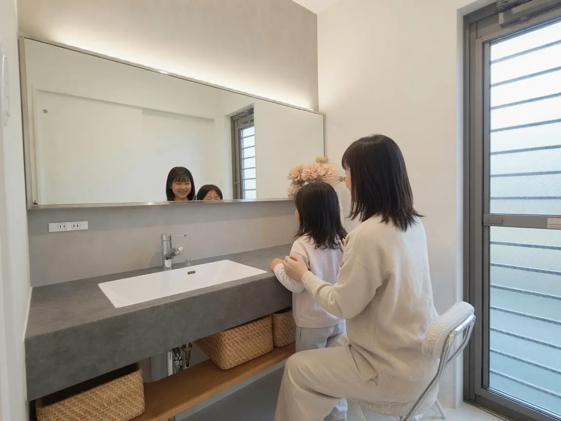 高断熱住宅の快適な室内環境で朝の身支度をする親子