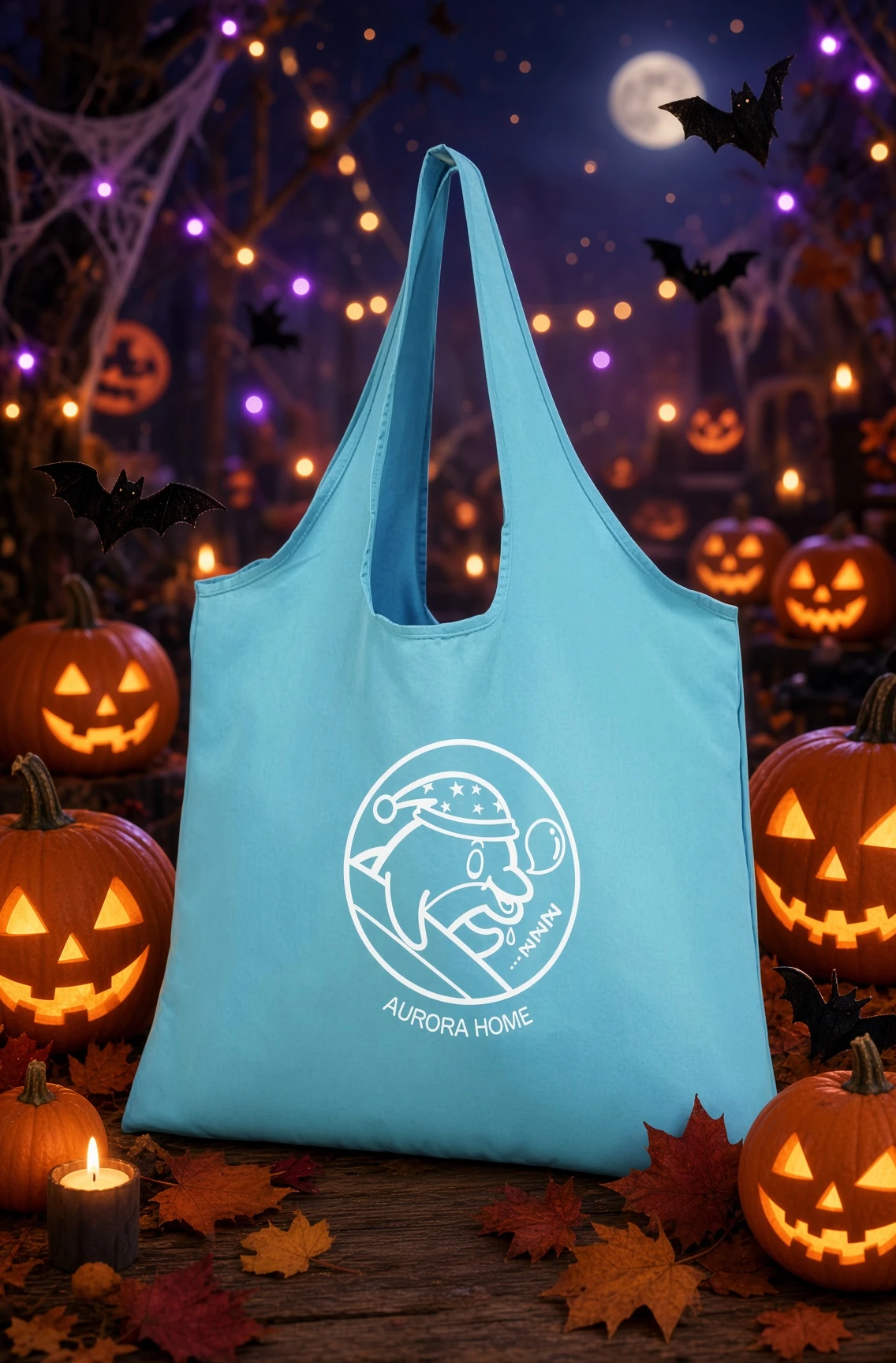 ハロウィンの飾りを背景にしたイルカちゃんのアローラホームオリジナルエコバッグ