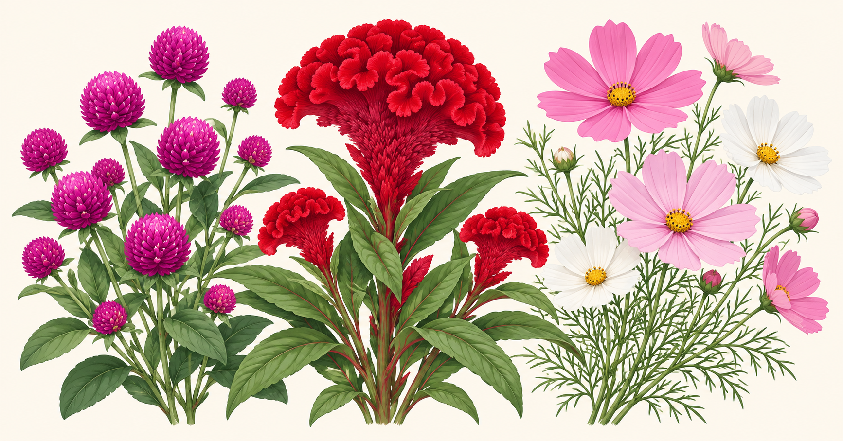 紫のセンニチコウ、赤いケイトウ、ピンクと白のコスモスを描いた秋の花のイラスト